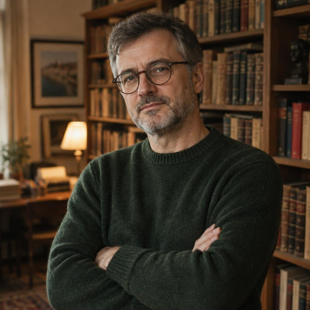Portrait of a Croatian mystery novelist in a book-lined study
