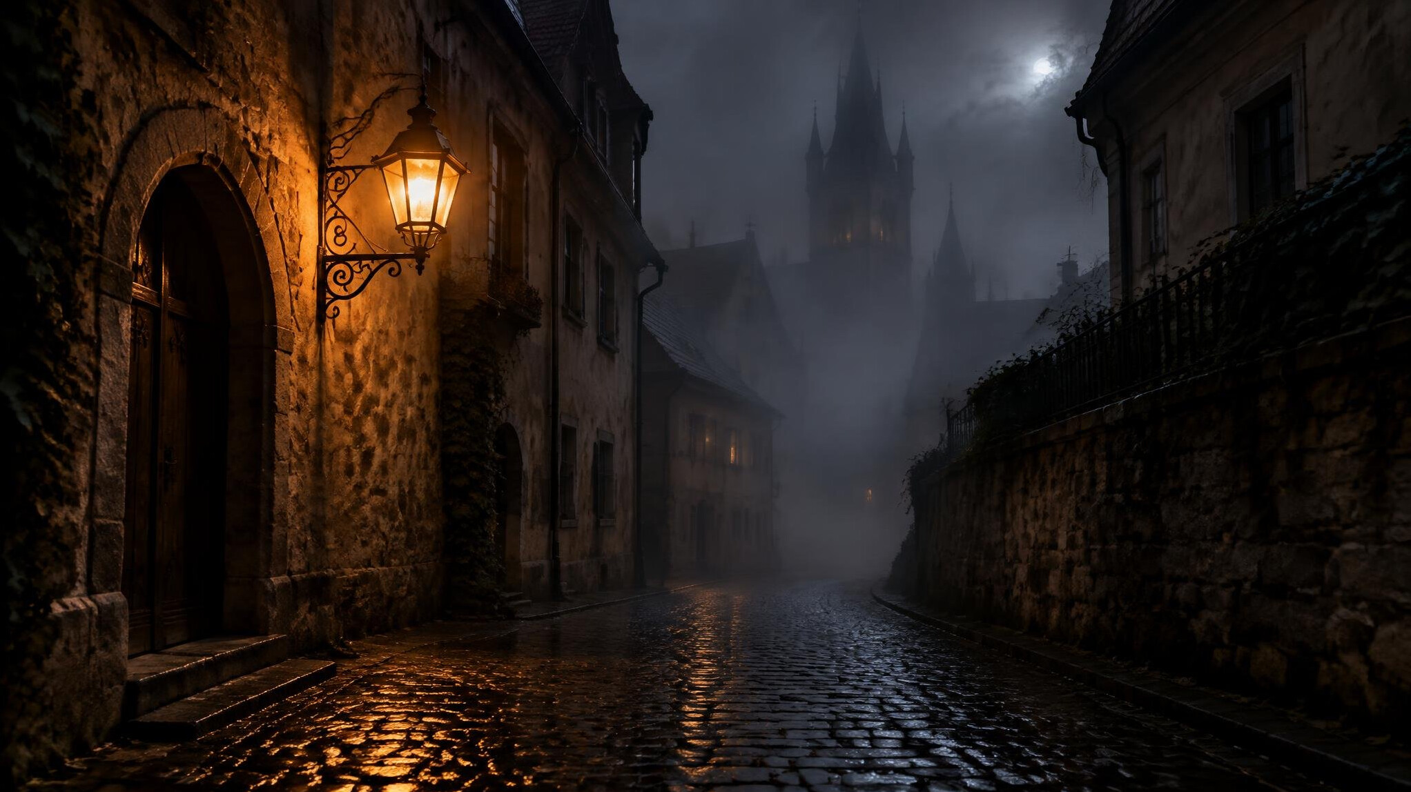 Foggy cobblestone street at night lit by a single iron lantern