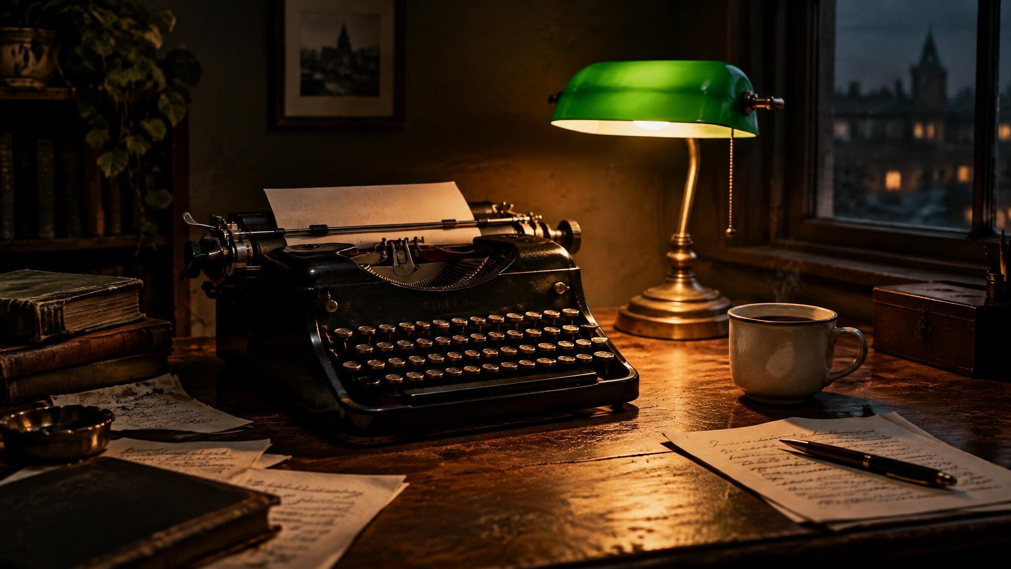 Vintage typewriter on a wooden desk with a dim lamp and scattered notes