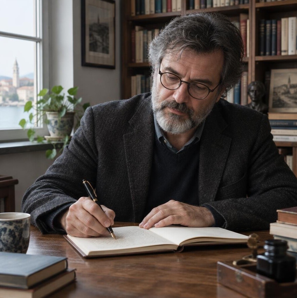 Croatian novelist writing by hand at a desk in a study